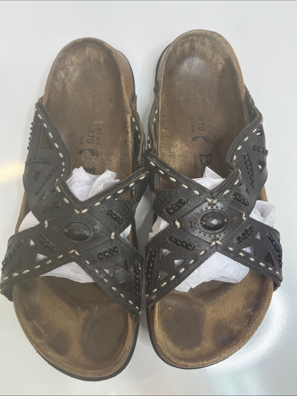 Betula Beaded Black Leather Slide Sandals Comfort Footbed Size 11